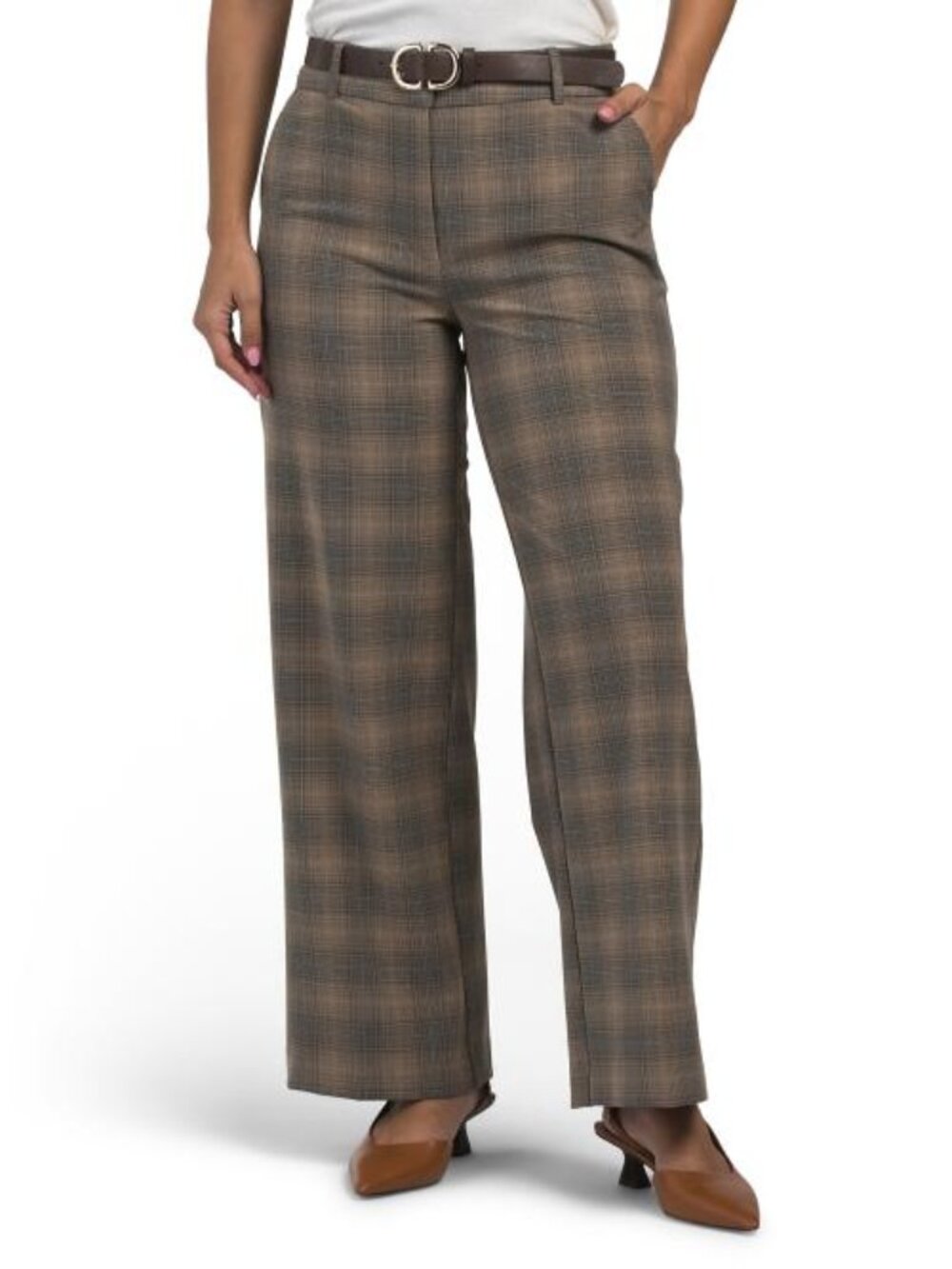 NANETTE NANETTE LEPORE Fly Front Yarn Dye Wide Leg Plaid Pants With Belt